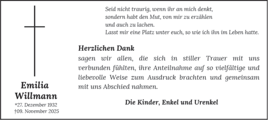 Traueranzeige von Emilia Willmann von Tageszeitung