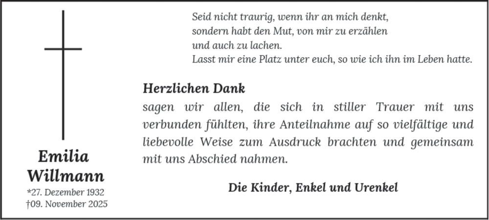  Traueranzeige für Emilia Willmann vom 22.11.2025 aus Tageszeitung