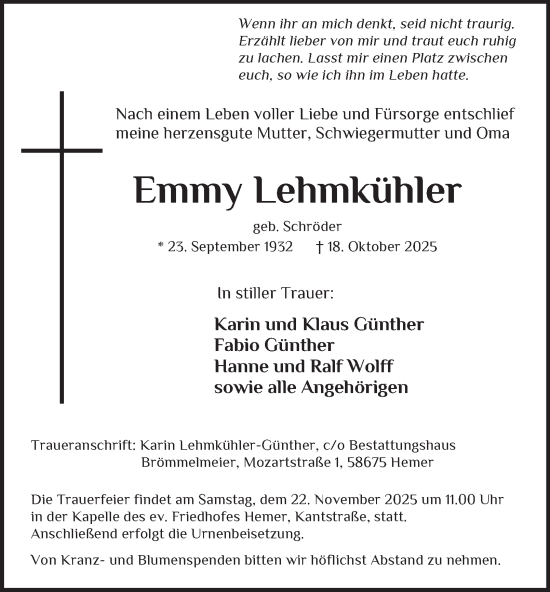 Traueranzeige von Emmy Lehmkühler von Tageszeitung