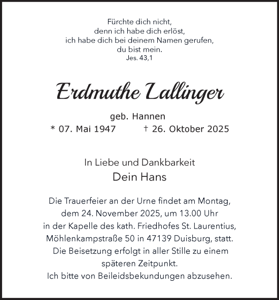 Traueranzeige von Erdmuthe Lallinger von Tageszeitung