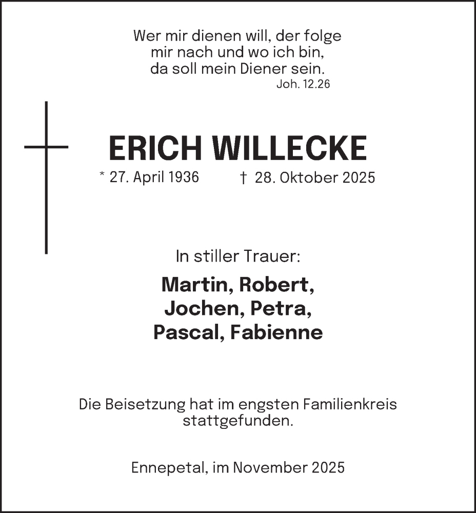  Traueranzeige für Erich Willecke vom 08.11.2025 aus Tageszeitung