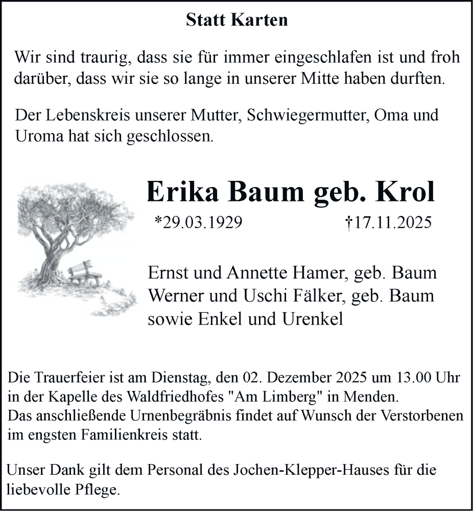  Traueranzeige für Erika Baum vom 22.11.2025 aus Tageszeitung