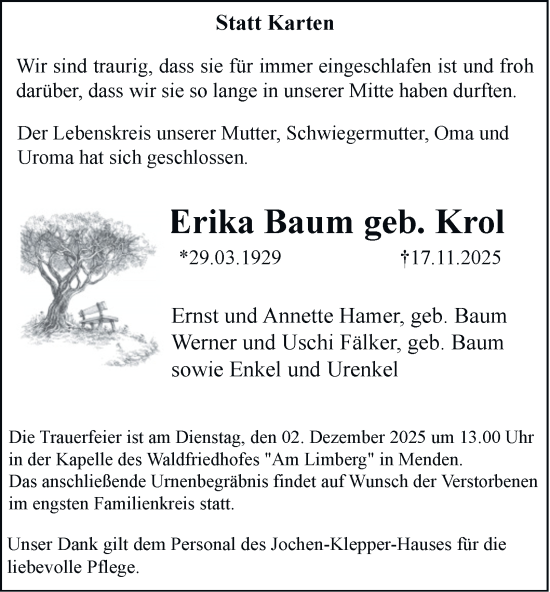 Traueranzeige von Erika Baum von Tageszeitung