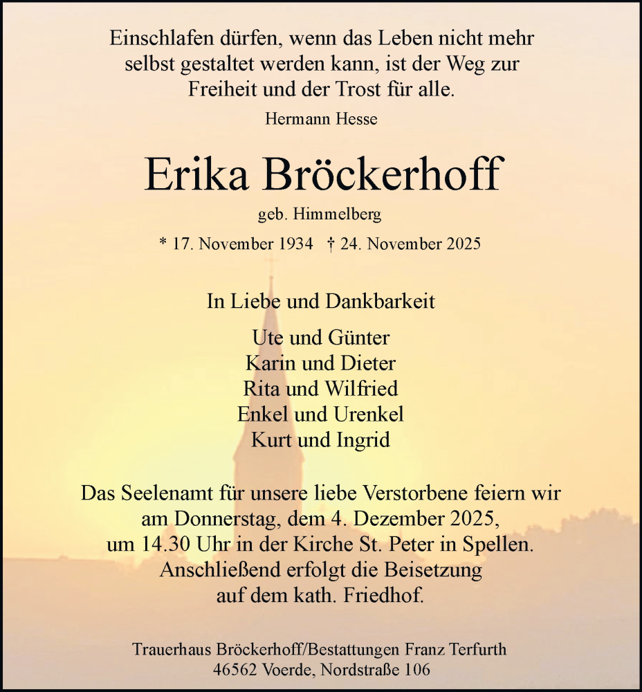  Traueranzeige für Erika Bröckerhoff vom 29.11.2025 aus Tageszeitung