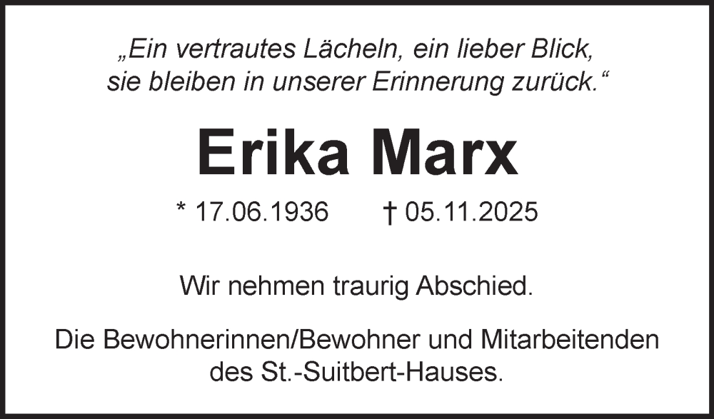  Traueranzeige für Erika Marx vom 22.11.2025 aus Tageszeitung