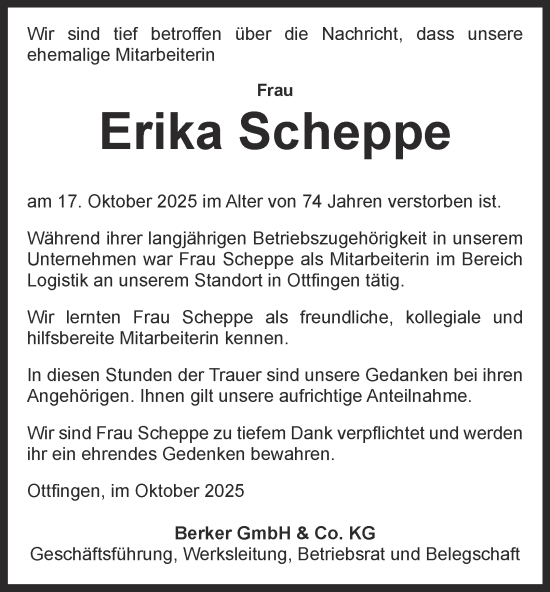 Traueranzeige von Erika Scheppe von Tageszeitung