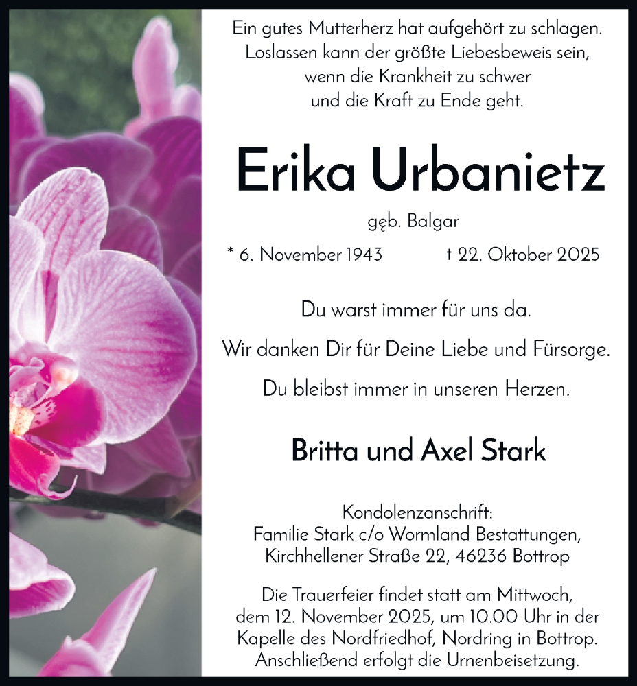  Traueranzeige für Erika Urbanietz vom 08.11.2025 aus Tageszeitung