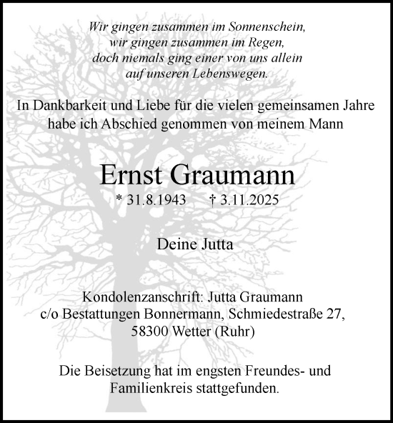 Traueranzeige von Ernst Graumann von Tageszeitung