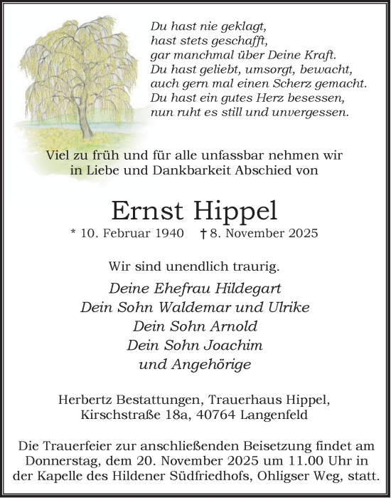 Traueranzeige von Ernst Hippel von Tageszeitung