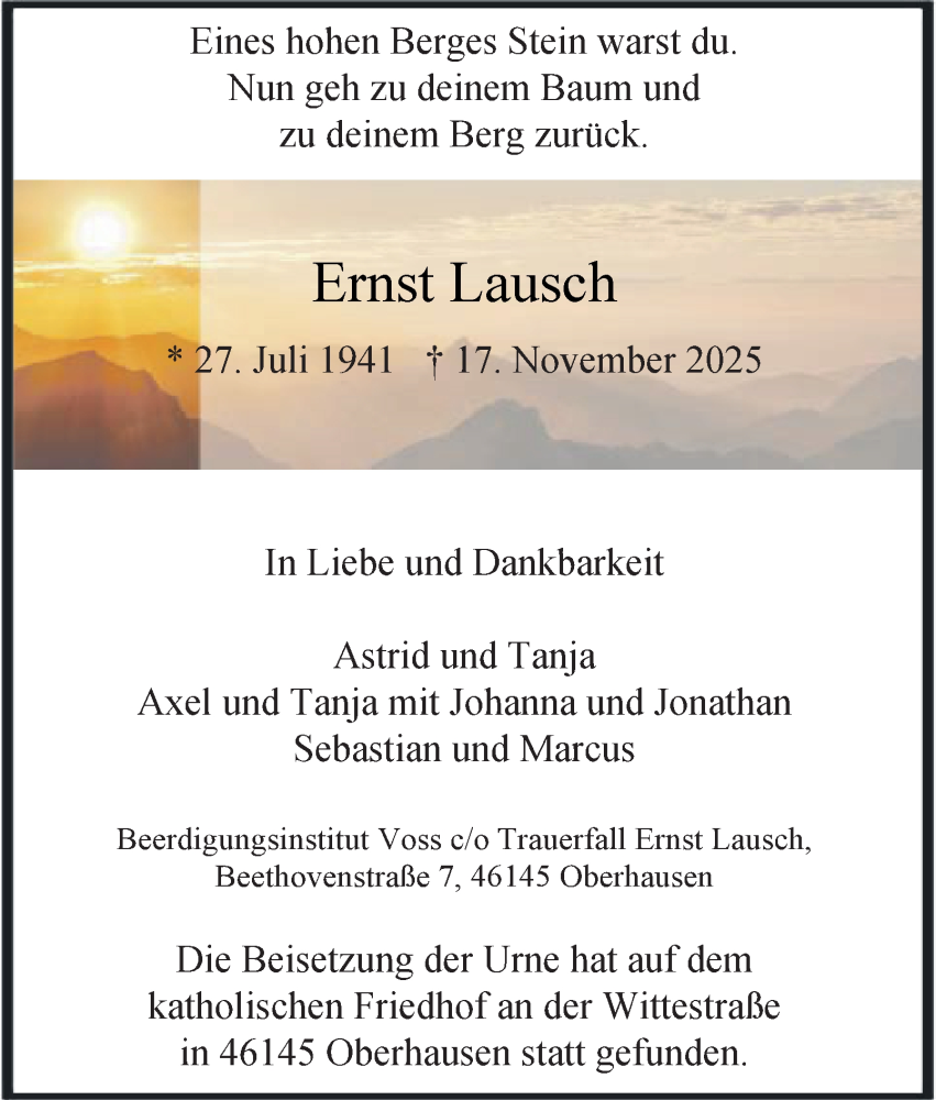  Traueranzeige für Ernst Lausch vom 29.11.2025 aus Tageszeitung