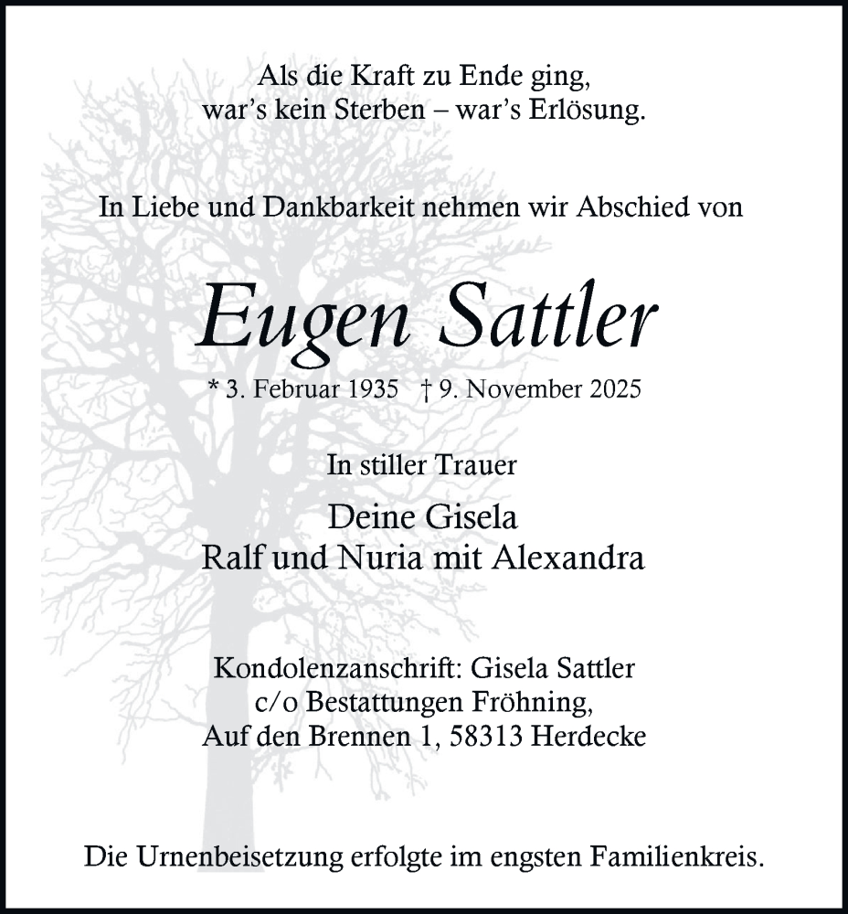  Traueranzeige für Eugen Sattler vom 22.11.2025 aus Tageszeitung