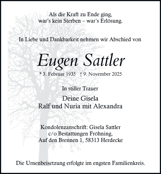 Traueranzeige von Eugen Sattler von Tageszeitung