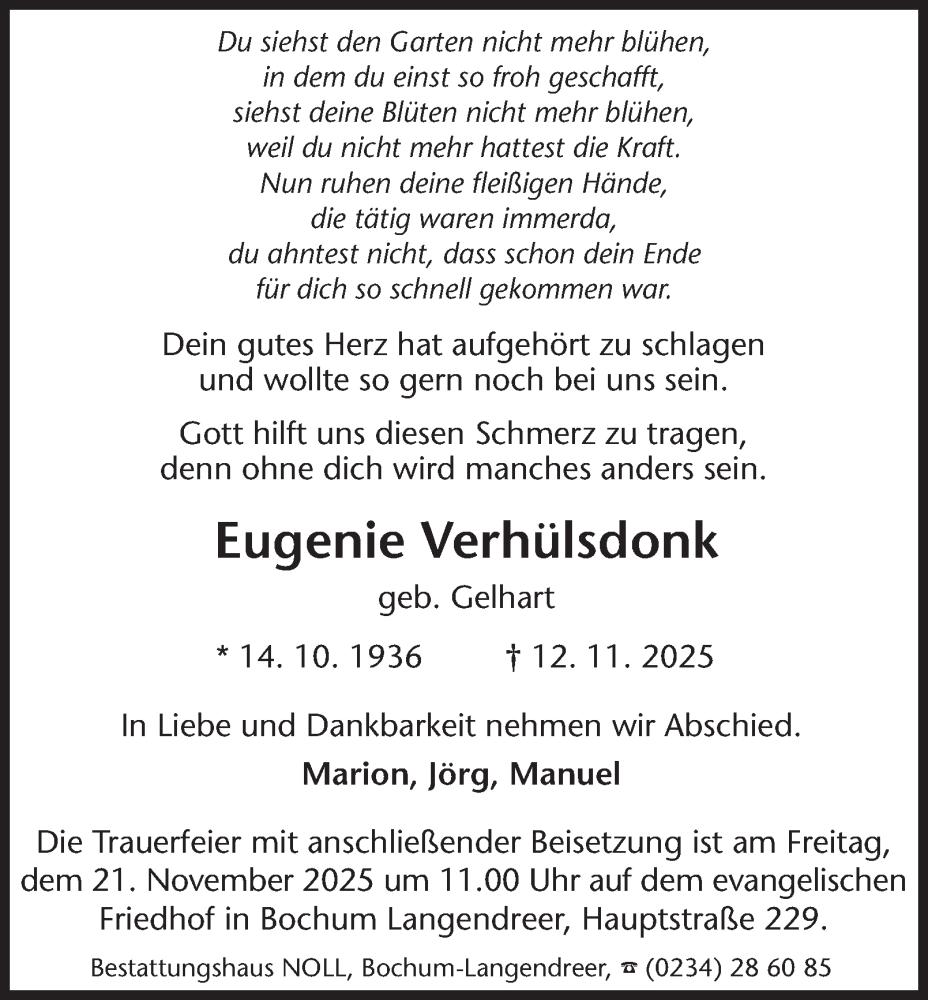  Traueranzeige für Eugenie Verhülsdonk vom 20.11.2025 aus Tageszeitung