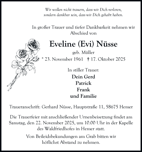 Traueranzeige von Eveline Nüsse von Tageszeitung