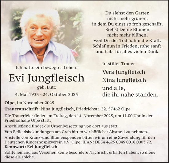 Traueranzeige von Evi Jungfleisch von Tageszeitung