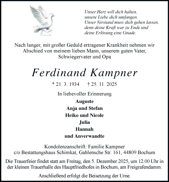 Traueranzeige von Ferdinand Kampner von Tageszeitung