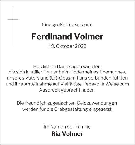 Traueranzeige von Ferdinand Volmer von Tageszeitung