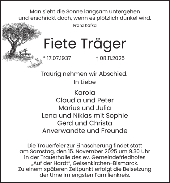 Traueranzeige von Fiete Träger von Tageszeitung