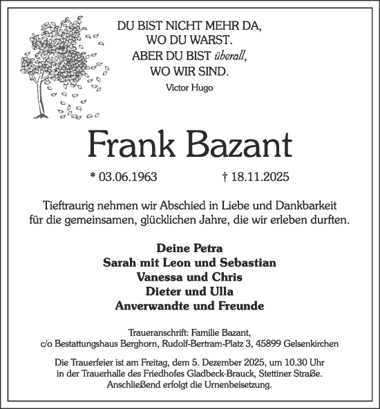 Traueranzeige von Frank Bazant von Tageszeitung