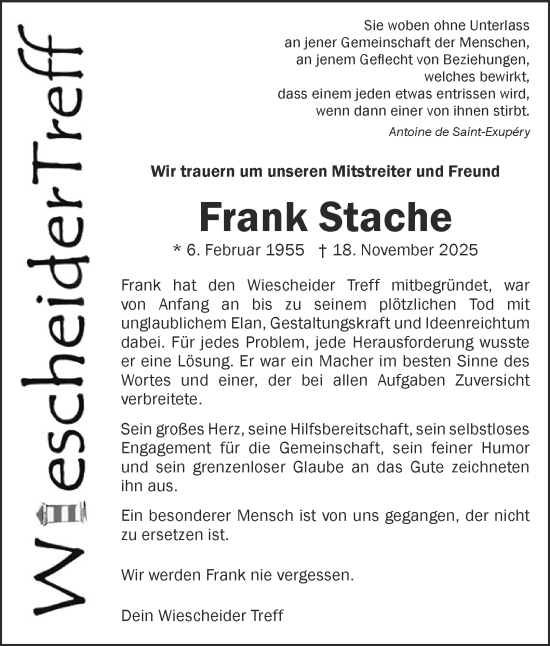 Traueranzeige von Frank Stache von Tageszeitung