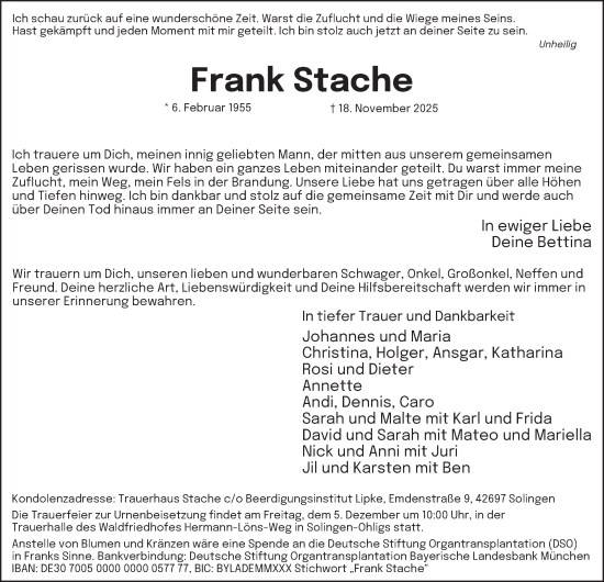 Traueranzeige von Frank Stache von Tageszeitung