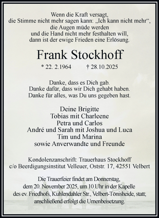 Traueranzeige von Frank Stockhoff von Tageszeitung