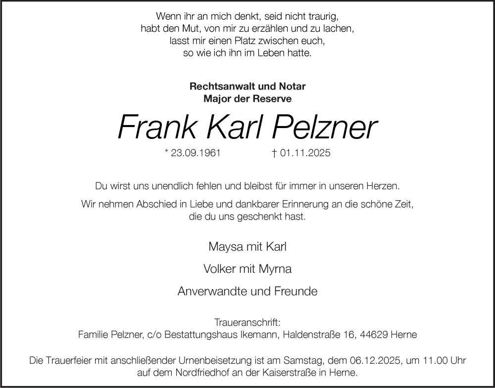  Traueranzeige für Frank Karl Pelzner vom 15.11.2025 aus Tageszeitung