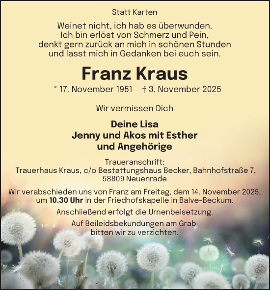 Traueranzeige von Franz Kraus von Tageszeitung