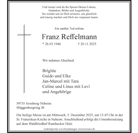 Traueranzeige von Franz Reffelmann von Tageszeitung