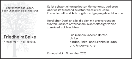 Traueranzeige von Friedhelm Balke von Tageszeitung