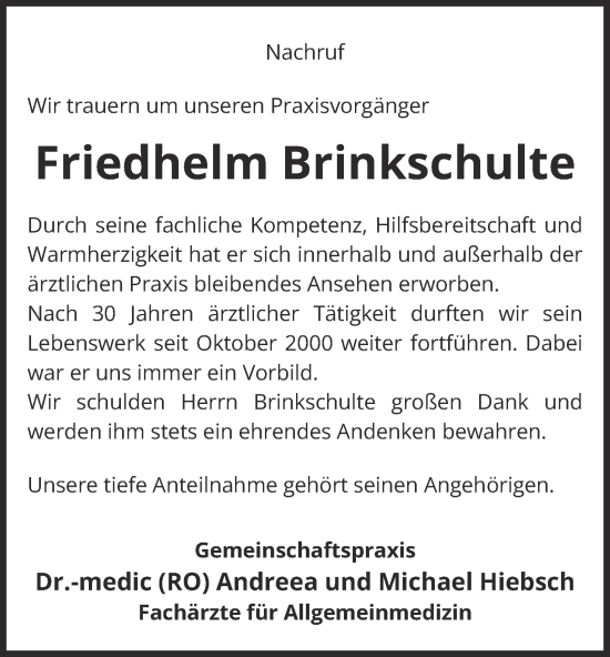 Traueranzeige von Friedhelm Brinkschulte von Tageszeitung