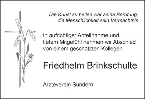Traueranzeige von Friedhelm Brinkschulte von Tageszeitung