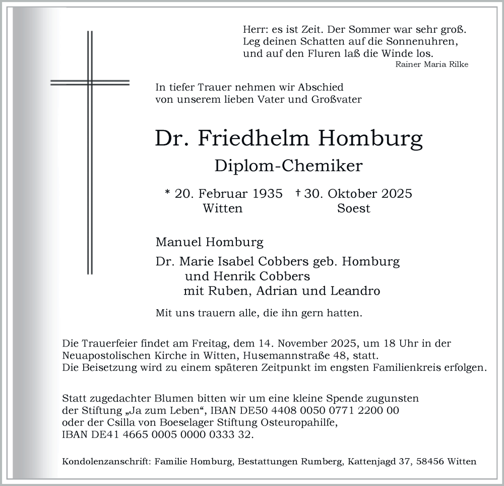  Traueranzeige für Friedhelm Homburg vom 08.11.2025 aus Tageszeitung