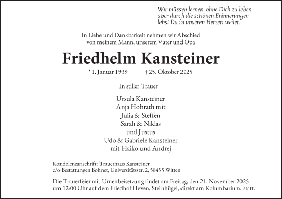 Traueranzeige von Friedhelm Kansteiner von Tageszeitung