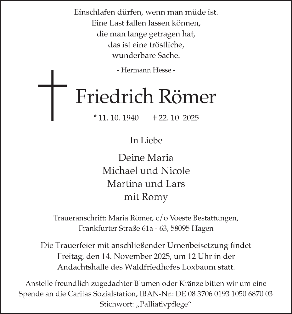  Traueranzeige für Friedrich Römer vom 08.11.2025 aus Tageszeitung