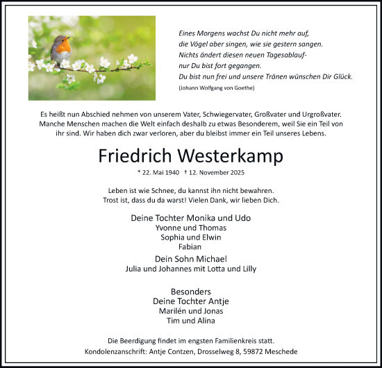 Traueranzeige von Friedrich Westerkamp von Tageszeitung