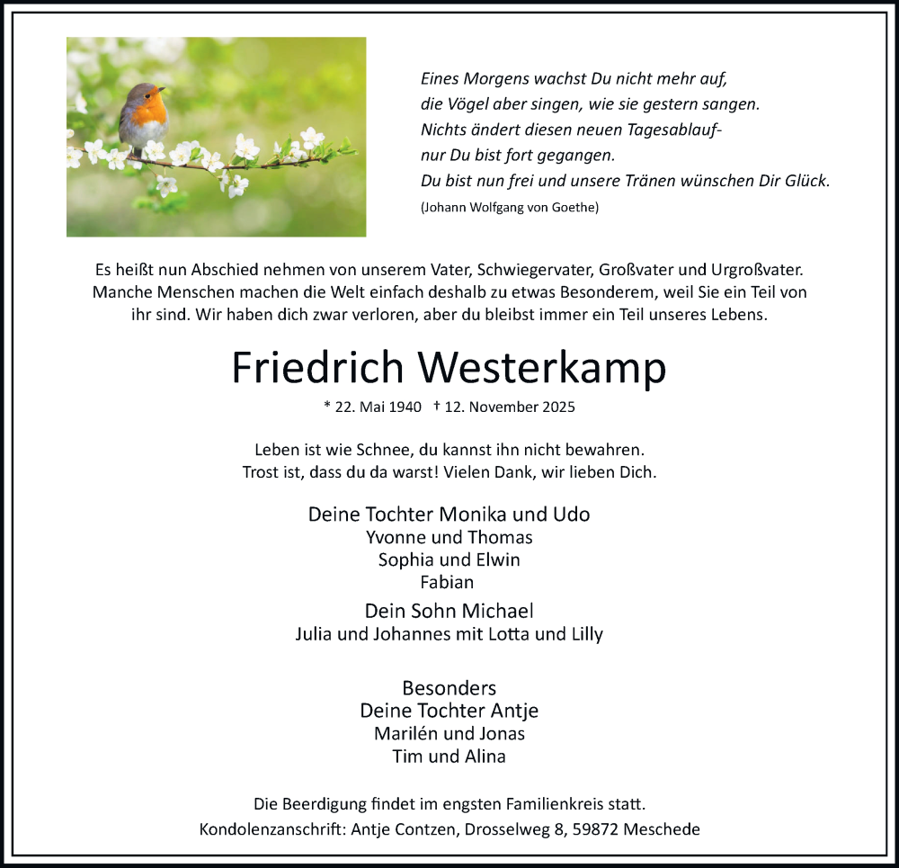  Traueranzeige für Friedrich Westerkamp vom 15.11.2025 aus Tageszeitung
