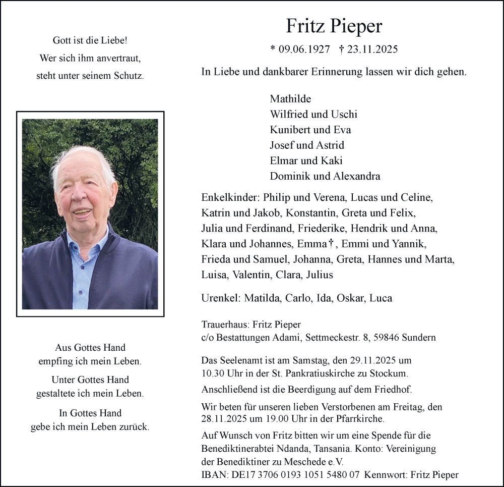  Traueranzeige für Fritz Pieper vom 26.11.2025 aus Tageszeitung
