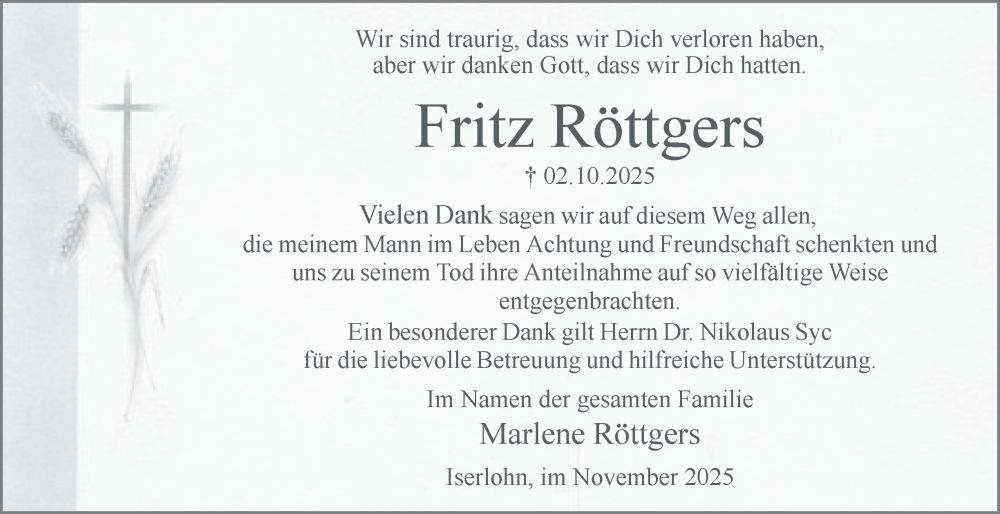  Traueranzeige für Fritz Röttgers vom 15.11.2025 aus Tageszeitung