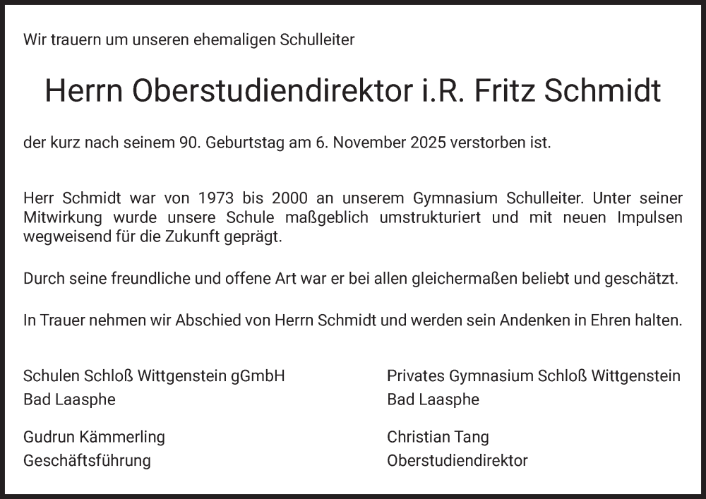  Traueranzeige für Fritz Schmidt vom 29.11.2025 aus Tageszeitung