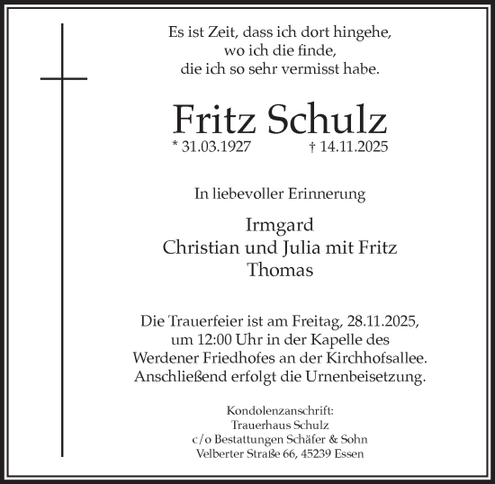 Traueranzeige von Fritz Schulz von Tageszeitung