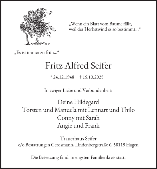 Traueranzeige von Fritz Alfred Seifer von Tageszeitung