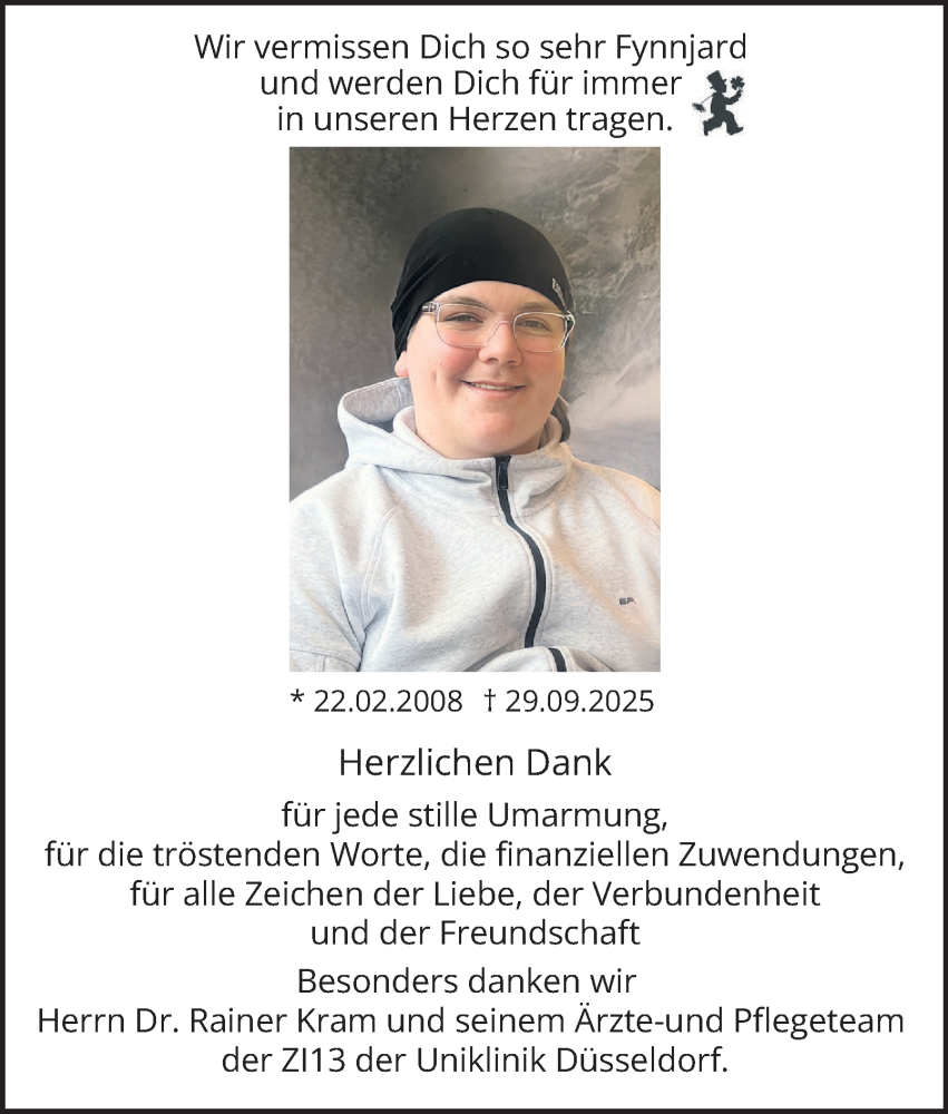  Traueranzeige für Fynnjard  vom 15.11.2025 aus Tageszeitung