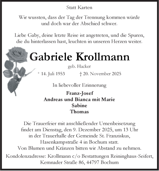 Traueranzeige von Gabriele Krollmann von Tageszeitung