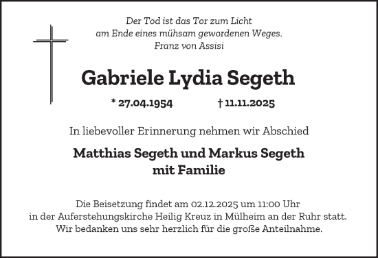 Traueranzeige von Gabriele Lydia Segeth von Tageszeitung