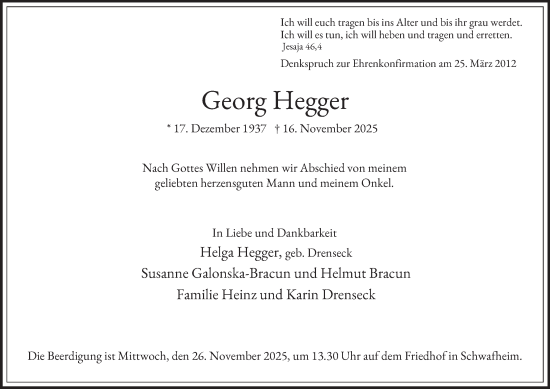 Traueranzeige von Georg Hegger von Tageszeitung