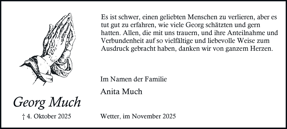  Traueranzeige für Georg Much vom 08.11.2025 aus Tageszeitung