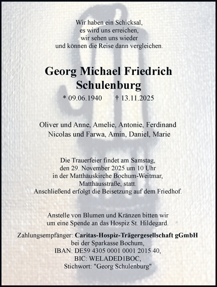  Traueranzeige für Georg Michael Friedrich Schulenburg vom 26.11.2025 aus Tageszeitung