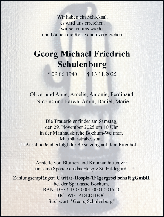 Traueranzeige von Georg Michael Friedrich Schulenburg von Tageszeitung