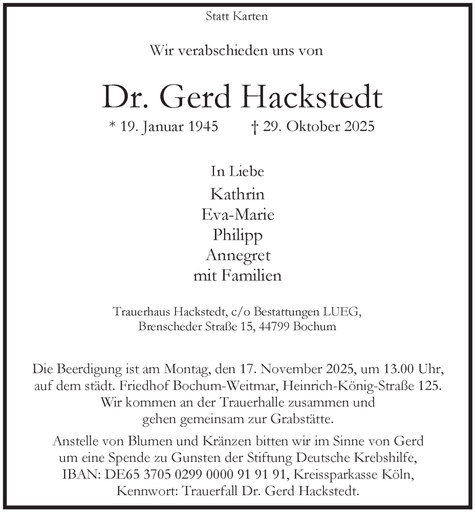  Traueranzeige für Gerd Hackstedt vom 08.11.2025 aus Tageszeitung
